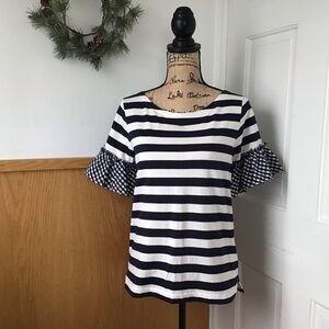J. Crew Navy & White Stripe Gingham Ruffle Top